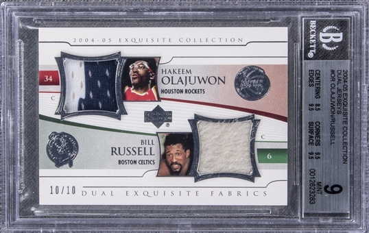 2004-05 UD "Exquisite Collection" Dual Jerseys #OR Hakeem Olajuwon/Bill Russell Game Used Patch Card (#10/10) – BGS MINT 9